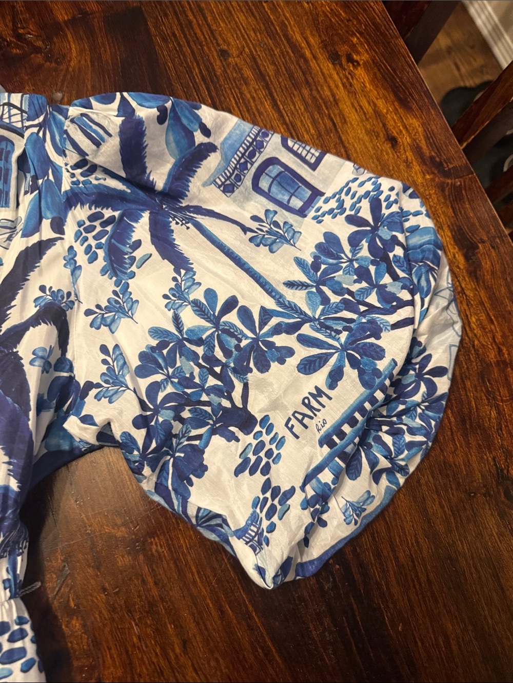 Farm Rio Sweet Rio Puff Dress, Blue & White, Size Medium, Tropical, Resortwear - Picture 8 of 9